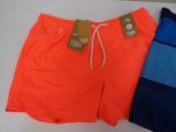 two men ' s swim trunks and a polo shirt on a table