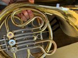 a person holding a brass french horn in their hand