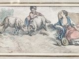 a picture of a painting of a man on a horse with a group of animals