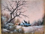 a picture of a painting of a tent in the snow