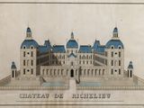 an old drawing of a large building with a blue roof