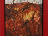 an oil painting of a red landscape with trees in the foreground