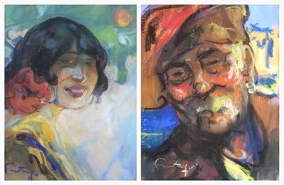 two paintings of a man and a woman in different poses