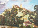 une peinture à l'huile représentant un château sur une colline avec des arbres au premier plan