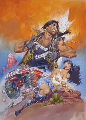 un tableau représentant un homme et une femme à moto