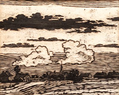 une image représentant un dessin de paysage avec des nuages dans le ciel