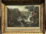 une image représentant une peinture d'une cascade avec des animaux au premier plan