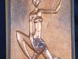 sculpture of a woman with a bow and arrow on a easel