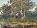 a painting of a woman and a dog by a pond