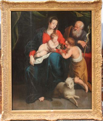 painting of a family with a dog and a cat in a gold frame