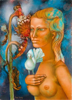 tableau représentant une femme tenant une fleur, avec un dragon en arrière-plan