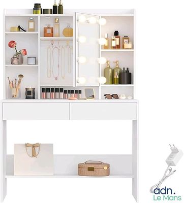 an image of a vanity with a mirror and lights