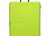 an image of a yellow suitcase with a handle on wheels