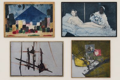 four paintings on a wall with a woman laying on a bed and a man laying on a bed