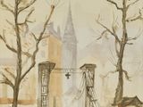 a painting of people walking down the street with umbrellas