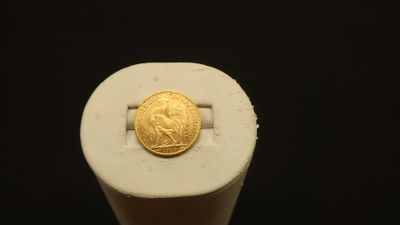 an image of a close up of a gold coin on a white object