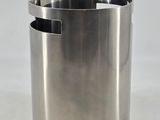 a metal trash can that has a handle on it