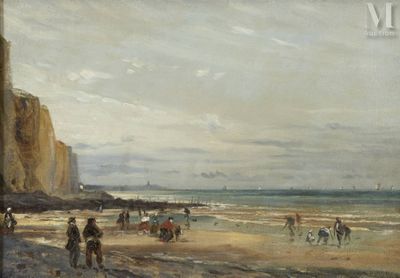 un tableau représentant des personnes et des chevaux sur la plage