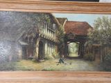 a painting on the wall of a house with a dog outside