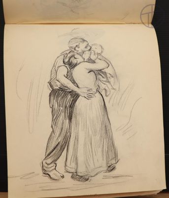 an old drawing of a man and woman hugging each other