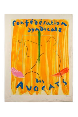 une image représentant un tableau où figurent une femme et un oiseau sur fond jaune
