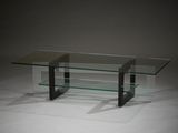 table basse rectangulaire en verre avec des pieds en métal et une étagère en verre