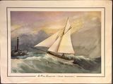 an old picture of a sailboat in rough water with a lighthouse in the background