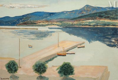 un tableau représentant un bateau amarré à un quai