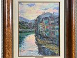 un tableau représentant une scène fluviale avec des bâtiments et de l'eau