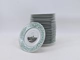 a stack of plates with a picture of a man on them