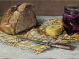 a painting of a loaf of bread and a jar of jam on a table
