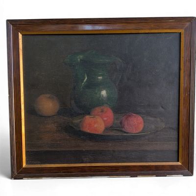 painting of a still life of peaches and a pitcher on a table