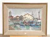 a picture of a painting of boats in a harbor