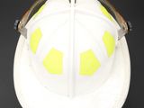 white fireman ' s helmet with yellow and white stripes on it