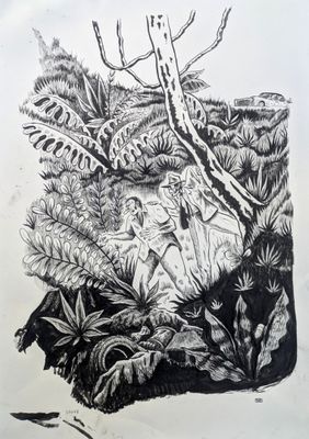 dessin au crayon représentant une image en noir et blanc d'une forêt