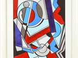 un tableau représentant une composition abstraite aux couleurs rouge, blanc et bleu