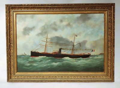 une peinture à l'huile représentant un bateau en mer, accrochée sur un mur blanc