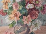a painting of flowers in a vase on a table