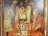 an oil painting of a woman playing cards on a table