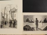 two black and white pictures of people on the beach