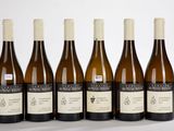 six bouteilles de vin sont alignées sur une surface blanche