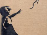 a painting of a little girl flying a kite with a heart shaped balloon