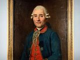 a painting of a man in a blue jacket and red shirt