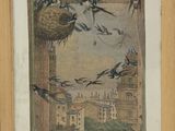 a picture of a picture of birds flying over a city