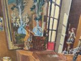 a painting of a woman sitting at a desk in a room