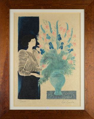 painting of a woman holding a vase of flowers in front of a window