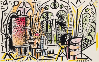 une image représentant le dessin d'une femme assise à une table devant une fenêtre