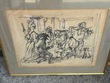drawing of a group of people in a room with a dog