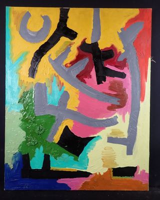 abstract painting of a man with a gun in his hand on a black background