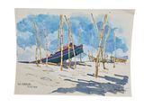 a watercolor painting of a boat on the beach
